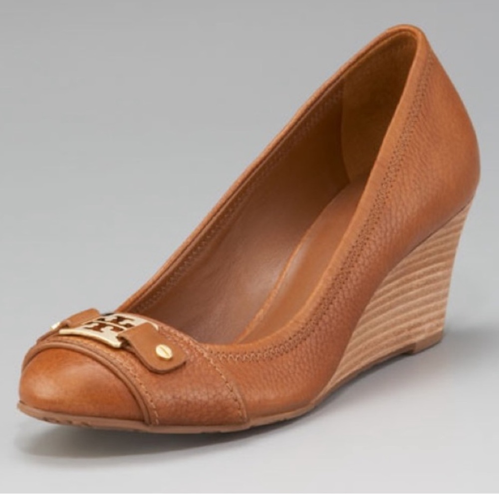 Tory Burch Natalya Mid-Heel Wedge Royal Tan Size 9 VGUC!